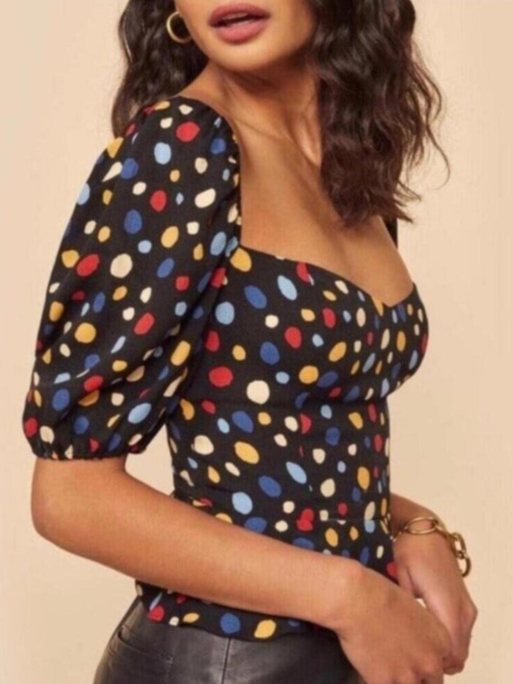 Reformation Polka Dot Babydoll Top Smocked Ruffle Black Colorful Size 0 Dopamine
